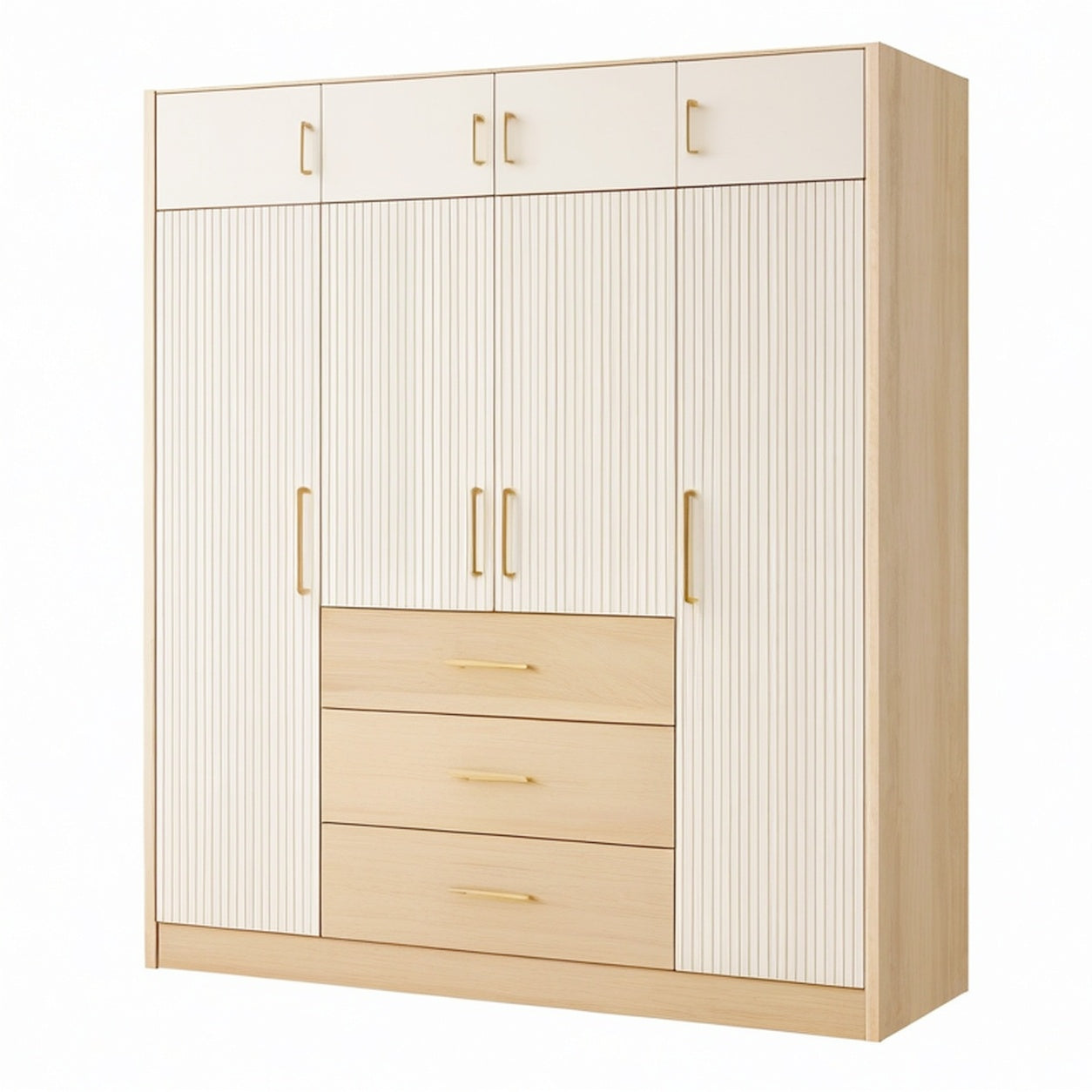 Armadio guardaroba in legno MDF rovere chiaro e bianco con maniglie dorate