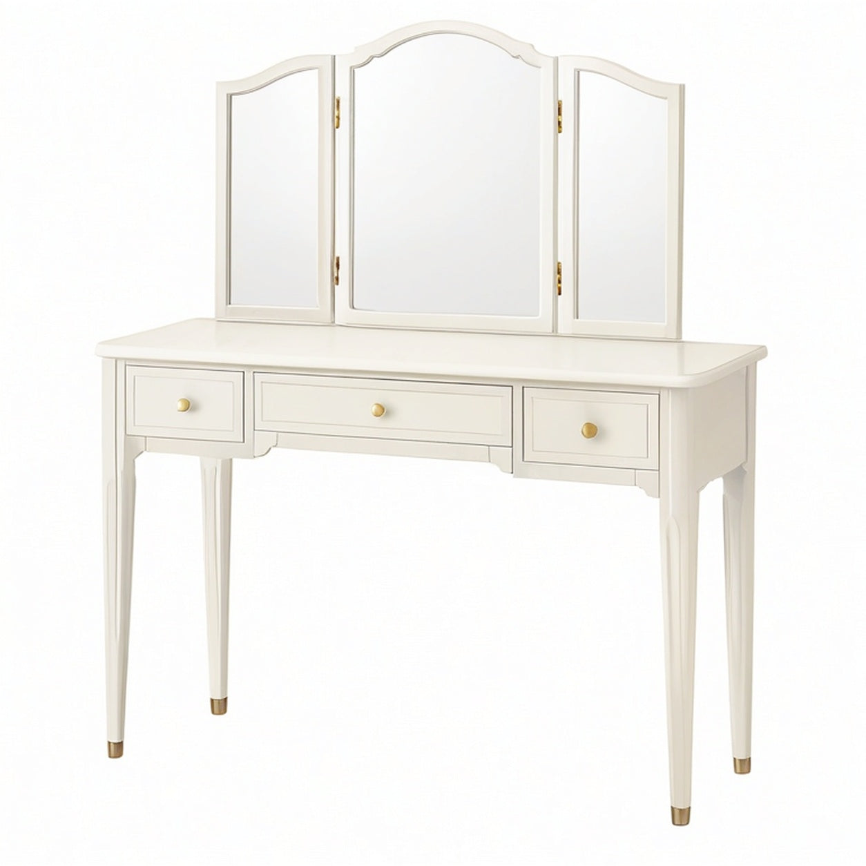 Toeletta con Specchio a Tre Ante in Legno Bianco con Pomelli in Ottone