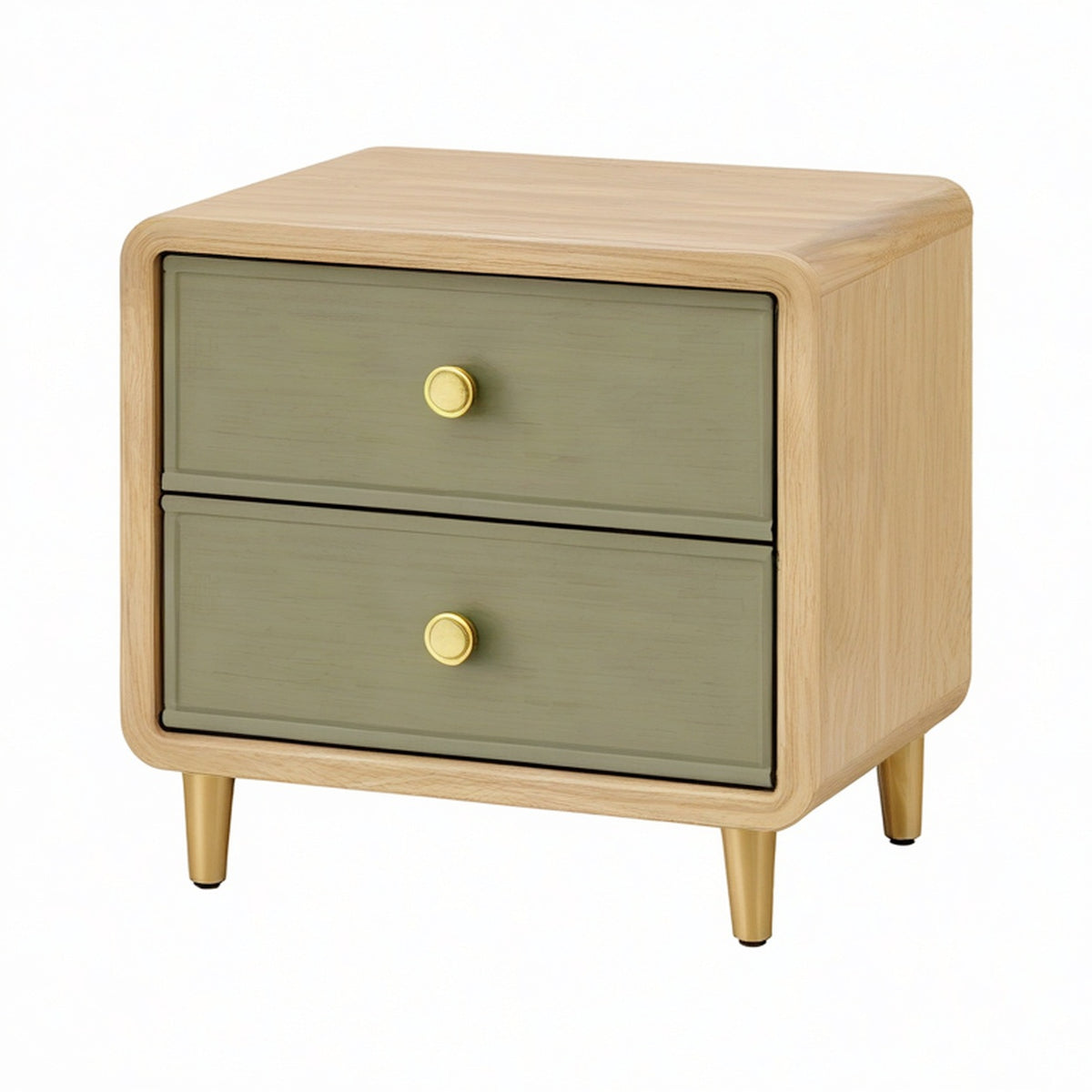 Comodino in Legno con Due Cassetti Verde e Gambe in Acciaio
