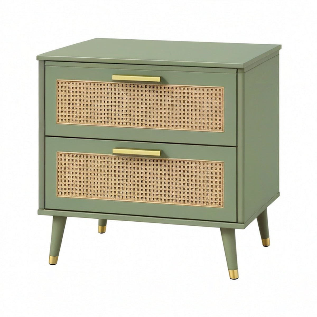 Comodino in legno con cassetti in rattan e gambe in metallo verde