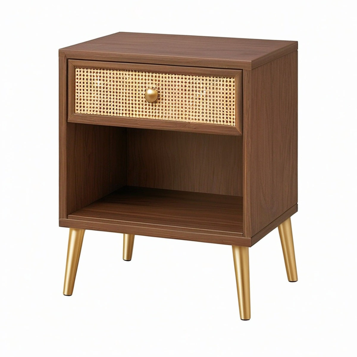 Comodino in legno con gambe dorate e cassetto in rattan