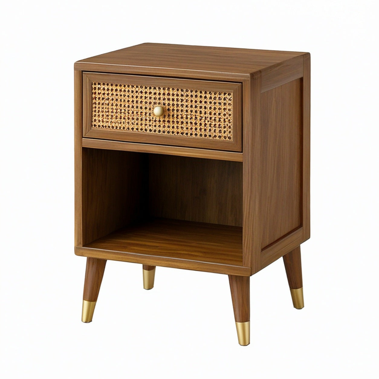 Comodino in Legno e Rattan con Piedini in Metallo