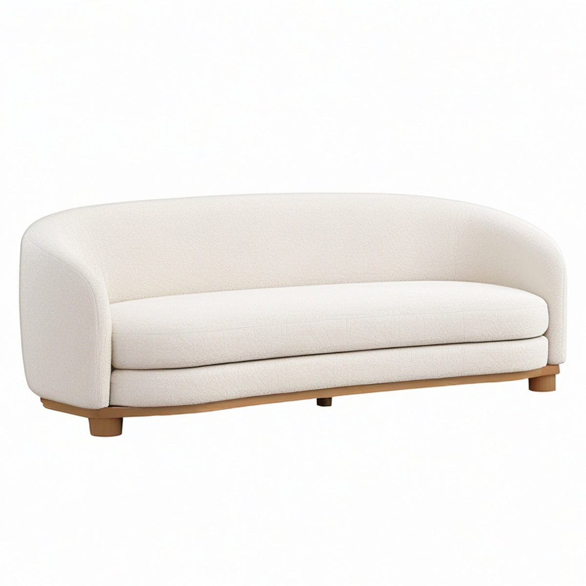 Divano in tessuto bouclé bianco con base in legno massello