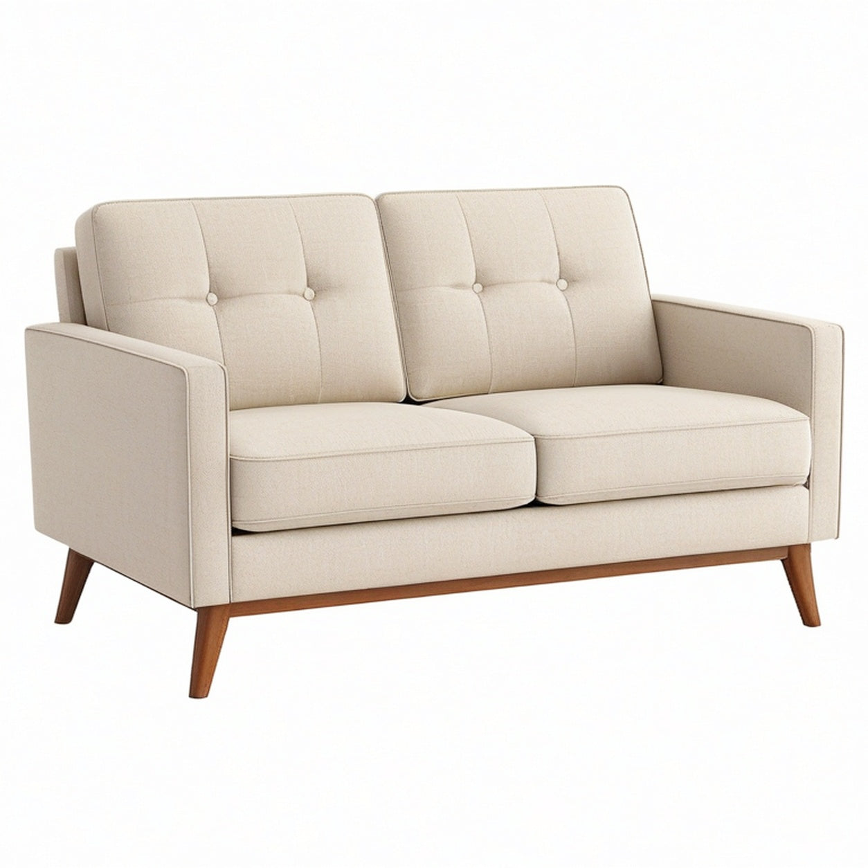 Divano in tessuto beige con gambe in legno