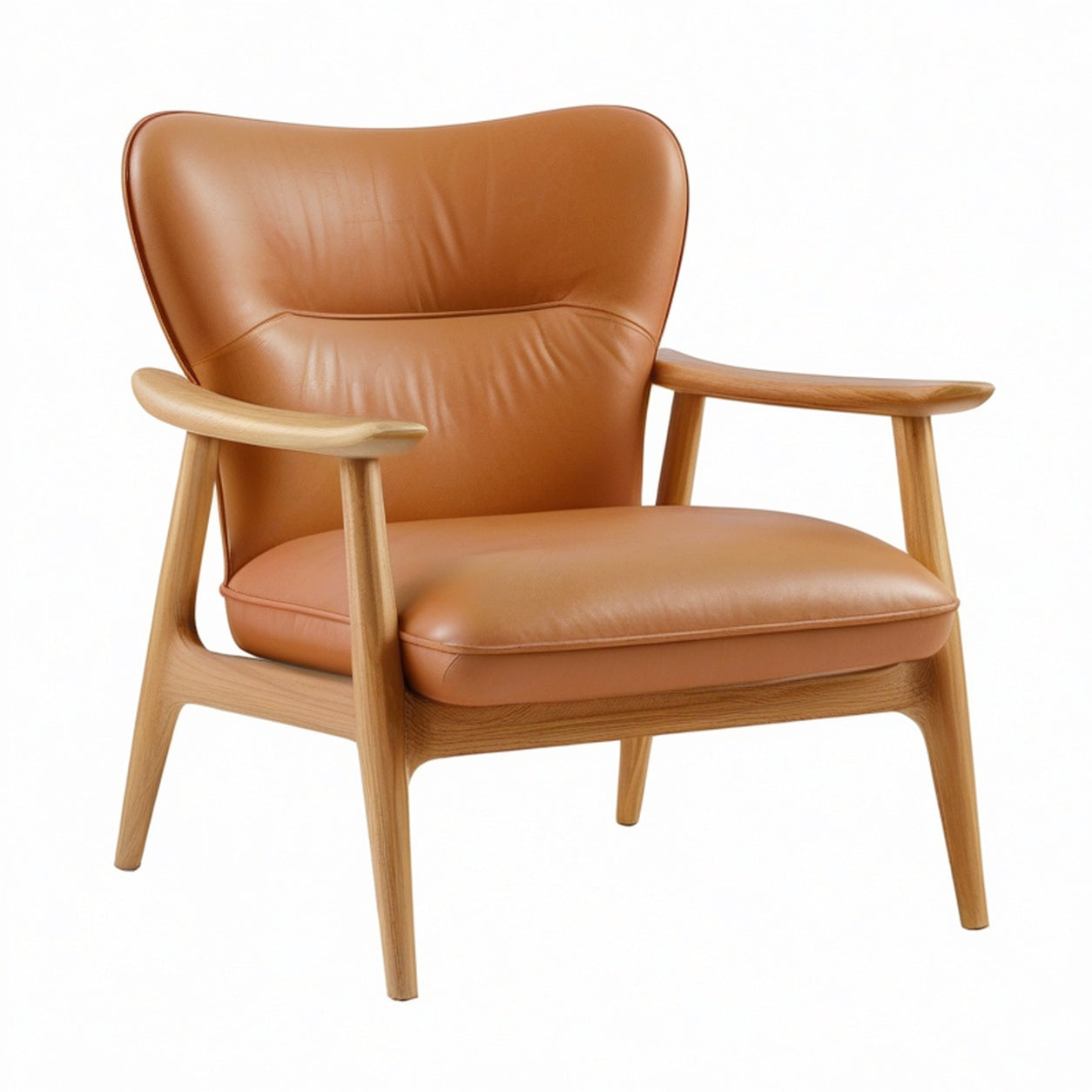 Poltrona in pelle con struttura in legno massello marrone