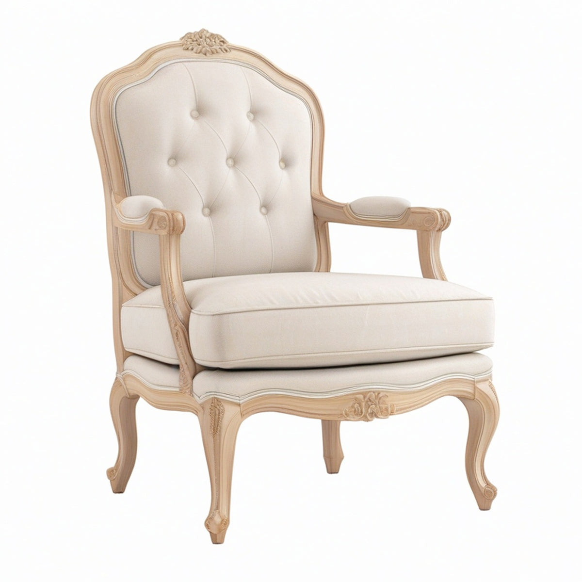 Poltrona in legno con rivestimento in lino beige