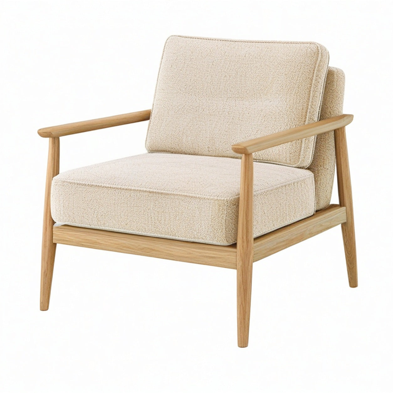 Poltrona in legno con rivestimento bouclé beige