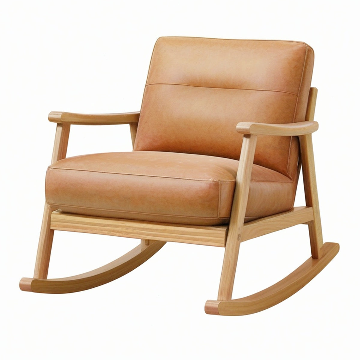 Sedia a dondolo in legno con rivestimento in pelle sintetica marrone