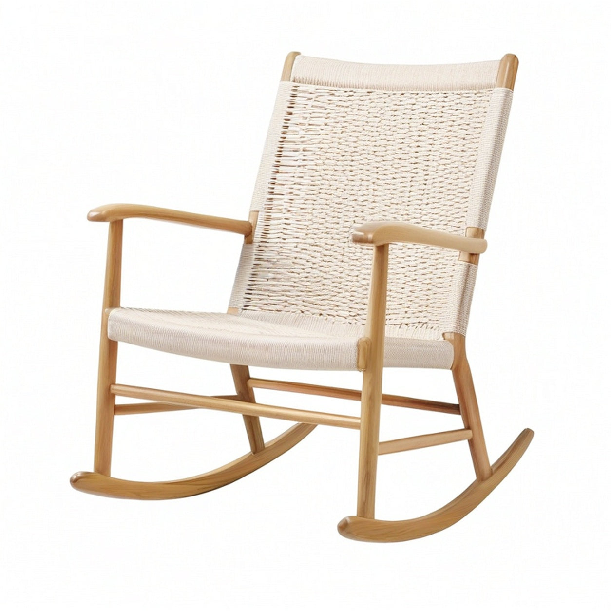 Sedia a dondolo in legno con seduta e schienale in corda beige