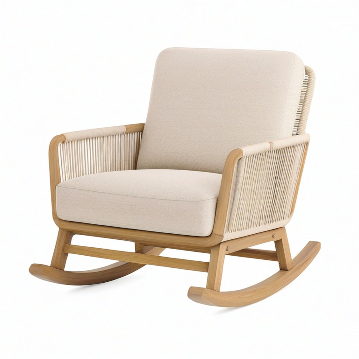 Sedia a dondolo in legno con cuscini in tessuto beige