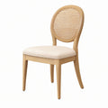 Sedia da pranzo in legno di quercia con schienale in rattan e seduta in tessuto di poliestere beige